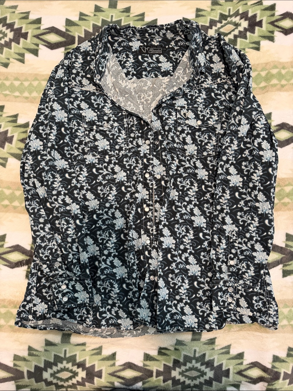 Cowgirl Tuff Black Button-Down Shirt with Light Blue Floral Print